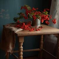 Red rowan on the table photo