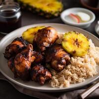 Plate of steaming jerk chicken served with rice photo