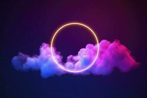 3d render, abstract cloud illuminated with neon light ring on dark night sky. Glowing geometric shape, round frame, generate ai photo