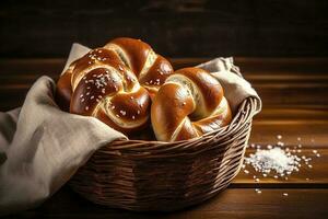 Pretzel sticks and pretzel rolls, Bavarian lye bun with salt in a basket, generate ai photo