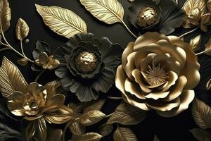 3d mural floral wallpaper. golden and black flowers and leaves. 3d render background wall decor, generate ai photo