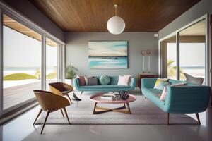 illustration of mid-century modern beachfront villa interior design photo