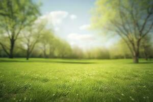 Beautiful blurred background image of spring nature with a neatly trimmed lawn surrounded by trees against a blue sky with clouds on a bright sunny day, generate ai photo