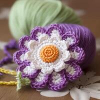 Crochet flowers on a table photo