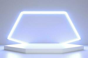 Realistic podium display with neon white lights, Product display background with light frame, White prodium product display with light effect, neon lights background, generate ai photo