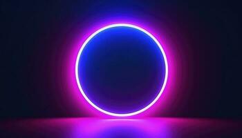 3d render, blue pink neon round frame, circle, ring shape, empty space, ultraviolet light, 80s retro style, fashion show stage, abstract background, generate ai photo
