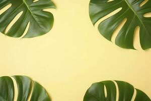 hermosa tropical palma monstera hojas rama aislado en pastel amarillo fondo, parte superior vista, plano poner, gastos generales encima verano belleza blanco diseño concepto , generar ai foto
