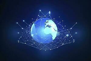 Global network on Earth concept. 3D rendering, World map point. Big data analytics and business concept, world map point and line composition concept of global business, generate ai photo