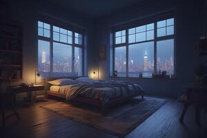 illustration of luxury penthouse bedroom at night photo