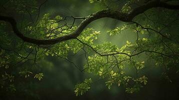 Earth Day and World Environment Day, Spring, Tropical tree leaves and branch with beautiful green forest background, generate ai photo