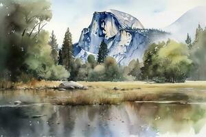 watercolor painting of a national park, featuring iconic landmarks, such as Old Faithful in Yellowstone or Half Dome in Yosemite, and intricate details of nature and wildlife, generate ai photo