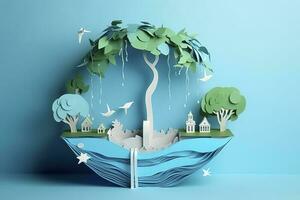 Paper art , Environmental protection and save earth water , Ecology and world water day , Saving water and world Environment day , Generate Ai photo