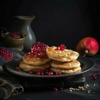 tasty gutabs hotcakes with meat and pomegranate, generate ai photo