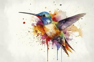 Create a beautiful painting of a hummingbird feeding on nectar watercolor painting, beautiful natural forms, crisp clean shapes, colorful, white background, generate ai photo