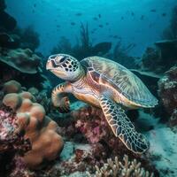 Turtle under water near coral reefs photo