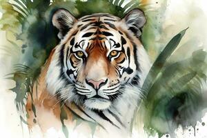 Paint a realistic portrait of a tiger in the jungle watercolor painting, beautiful natural forms, crisp clean shapes, colorful, white background, generate ai photo