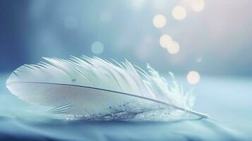 a bright blue background with one white feather, in the style of soft and dreamy pastels, glimmering light effects, nature inspired imagery, fairycore, soft focal points, generate ai photo