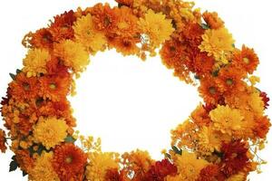 Yellow and red Marigold flowers wreath isolated on white background , generate ai photo