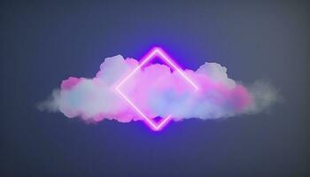 3d render, abstract minimal background with pink blue yellow neon light square frame with copy space, illuminated stormy clouds, glowing geometric shape, generate ai photo