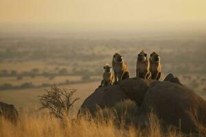 un familia de babuinos encaramado en un rocoso, generar ai foto