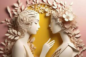 Paper art , Happy women's day 8 march with women of different frame of flower , women's day specials offer sale wording isolate , Generate Ai photo