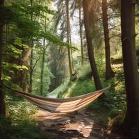 hamaca para al aire libre recreación Entre arboles ai generado foto