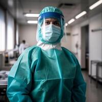 médico en un protector traje y cara máscara ai generado foto