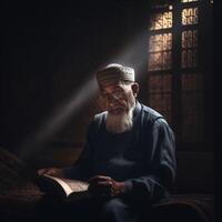 musulmán mayor sentado en mezquita leyendo Corán ai generado foto