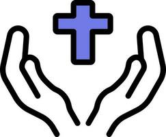 Praying Hands With Cross Icon In Blue and White Color. vector