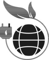 eco enchufe con globo icono en negro y blanco color. vector