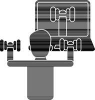 Back view of Man weightlifting with dumbbells and Looking at the laptop screen glyph icon. vector