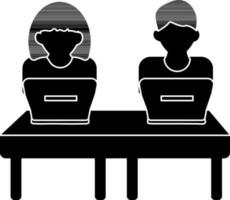 plano estilo chico y niña utilizando ordenador portátil glifo icono para grupo aprendizaje o trabajo en equipo. vector