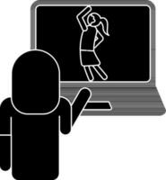 espalda ver de mujer haciendo yoga ejercicio con acecho a el ordenador portátil pantalla glifo icono. vector
