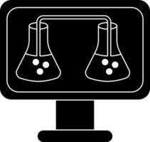 black and white Liquid Erlenmeyer Flasks in Monitor Screen icon for Research Lab. vector