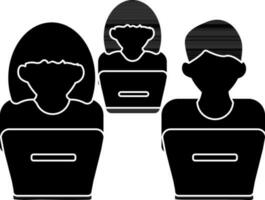 black and white illustration of Boys and Girls Using Laptop icon for Group Learning or Teamwork. vector