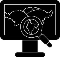 black and white Indian Map Searching in Monitor Screen icon. vector