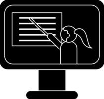 dibujos animados mujer señalando con palo en monitor pantalla para en línea aprendizaje glifo icono. vector