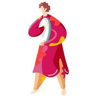 Cartoon Young Boy Beating Tambourine Dafli in Traditional Attire. vector