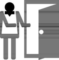 Man welcomed to opened the door icon in black and white color. vector