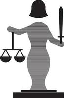 Character of lady justice holding sword and balance scale. vector