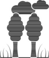 Landscape of Clouds with Tree and Grass icon in black and white color. vector