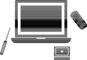 black and white laptop, screw driver and remote control. vector