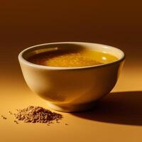 Close up of mustard in bowl on beige background photo