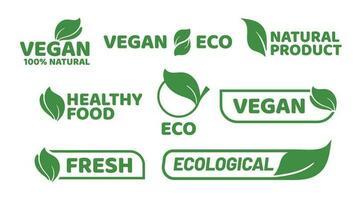 Vegan tag label. Veganism badge logo, vegetarian organic products and organic food badges vector set