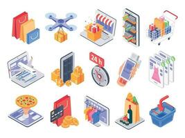 Isometric shopping. Online shop, market delivery and store sales. Internet purchasing and grocery products 3d vector illustration set