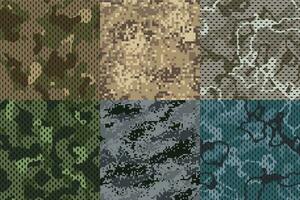 Camouflage khaki texture. Army fabric seamless forest and sand camo netting pattern vector textures set