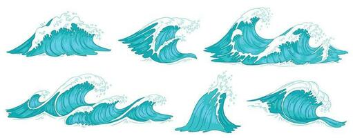 mar ola. Clásico Oceano ondas, azul agua marea y de marea ola mano dibujado vector ilustración conjunto
