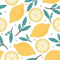 Seamless lemon pattern. Hand drawn doodle citrus mix, lemons slises and green leaves vector background illustration