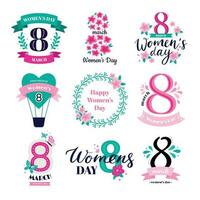 Eight march badges. International Womens Day congratulations, 8 logo and happy woman badge greeting card vector illustration set