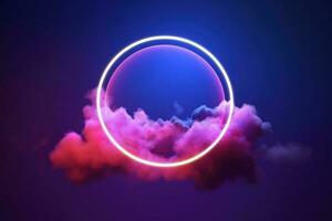 3d render, abstract cloud illuminated with neon light ring on dark night sky. Glowing geometric shape, round frame, generate ai photo